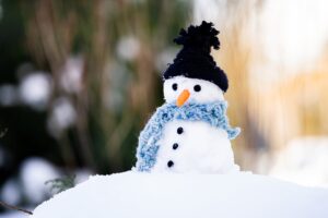 snowman with black knitted cap on snow covered ground