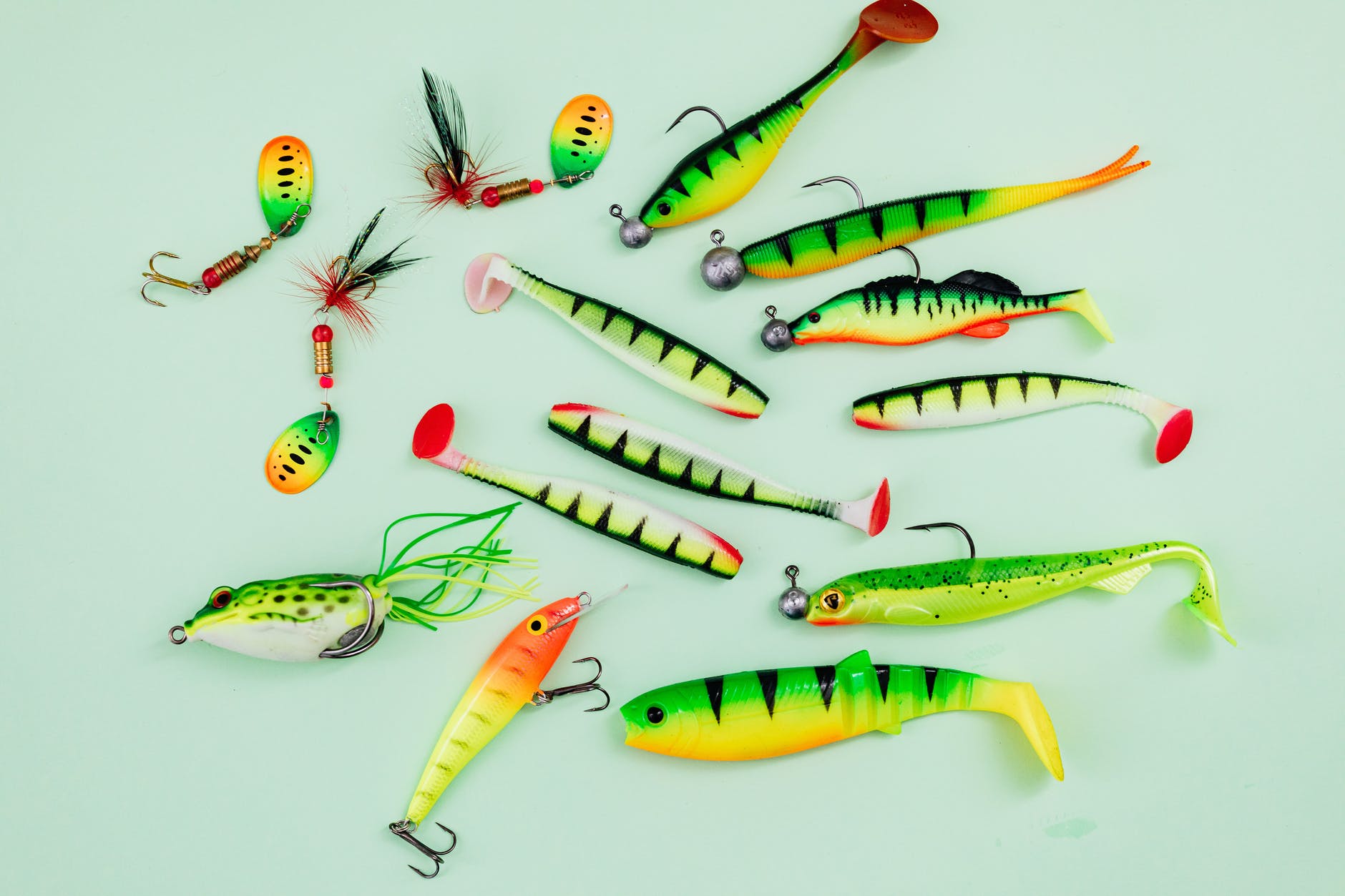 yellow and green fishing baits