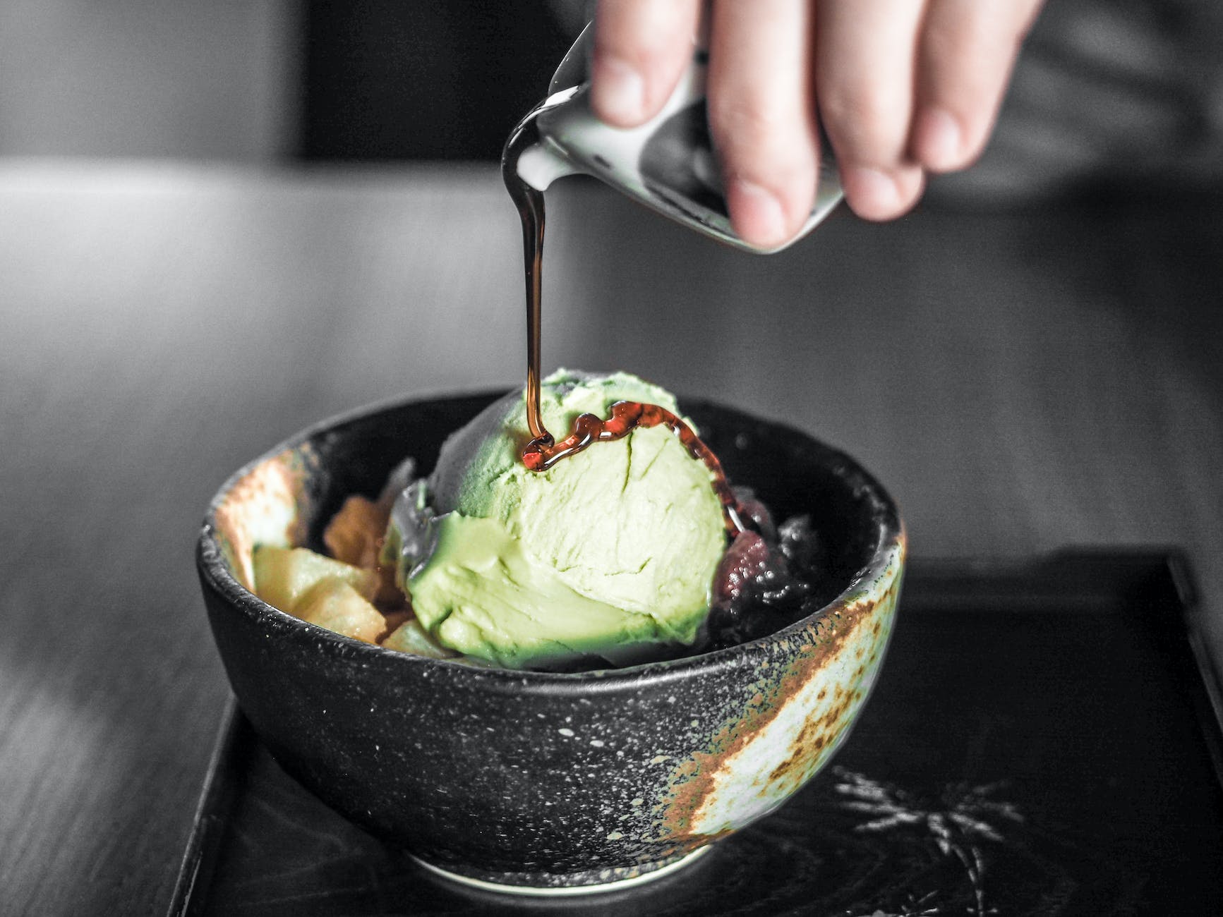 ice cream with chocolate syrup