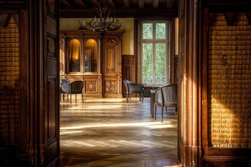A view into a wood panelled room