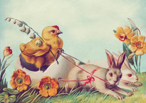 A checking riding a chariot pulled by rabbits.